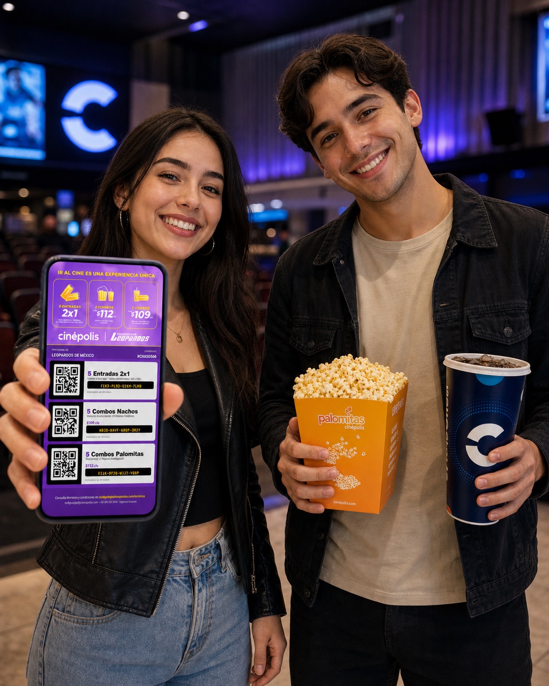 Pareja feliz en Cinépolis mostrando su cuponera digital en el celular, con palomitas y refresco