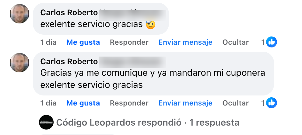 Comentario real de Carlos Roberto Vargas en Facebook: 'ya me comuniqué y ya mandaron mi cuponera, excelente servicio'