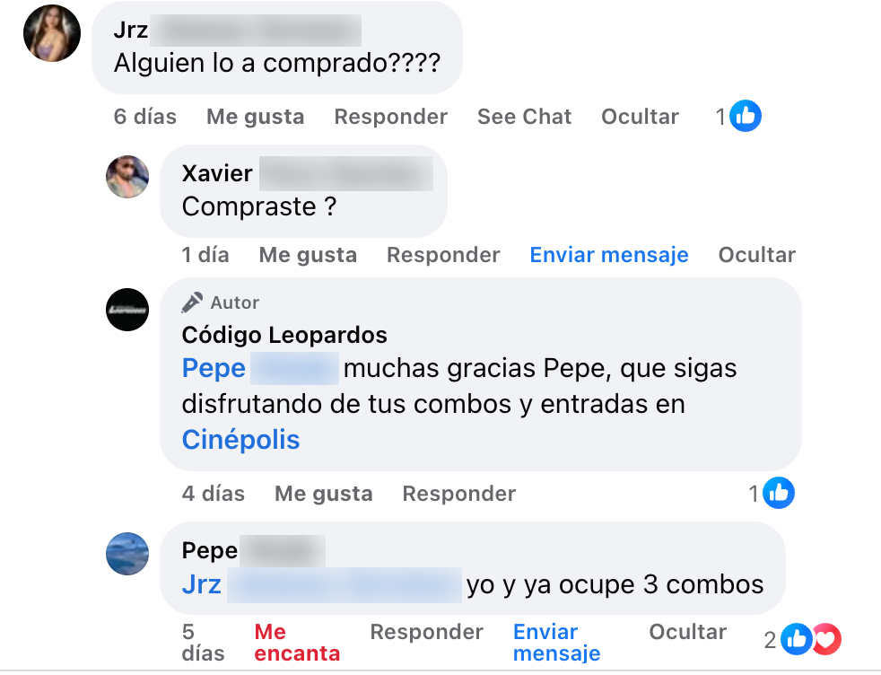 Hilo real en Facebook: un usuario confirma que ya ocupó 3 combos con su Código Digital en Cinépolis