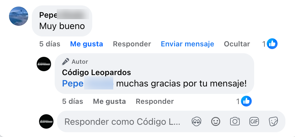 Comentario real de Pepe Ahedo en Facebook: 'Muy bueno', con respuesta de agradecimiento del autor