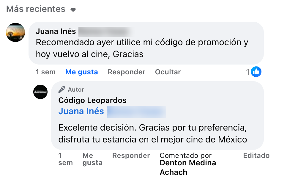 Comentario real de Juana Inés Ramos Casas en Facebook: usó su código de promoción y volvió al cine