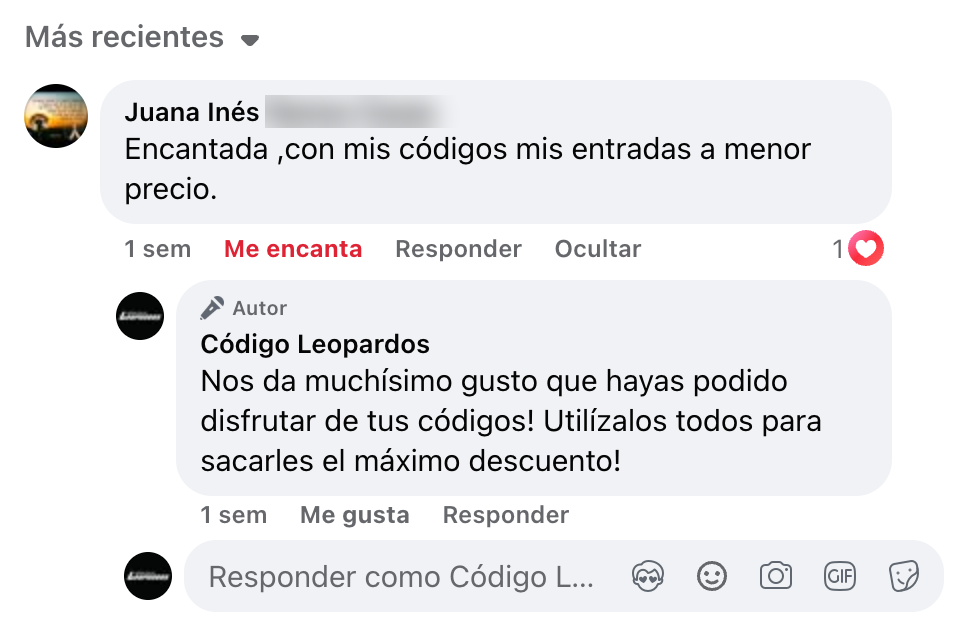Comentario real de Juana Inés Ramos Casas en Facebook: encantada con sus entradas a menor precio